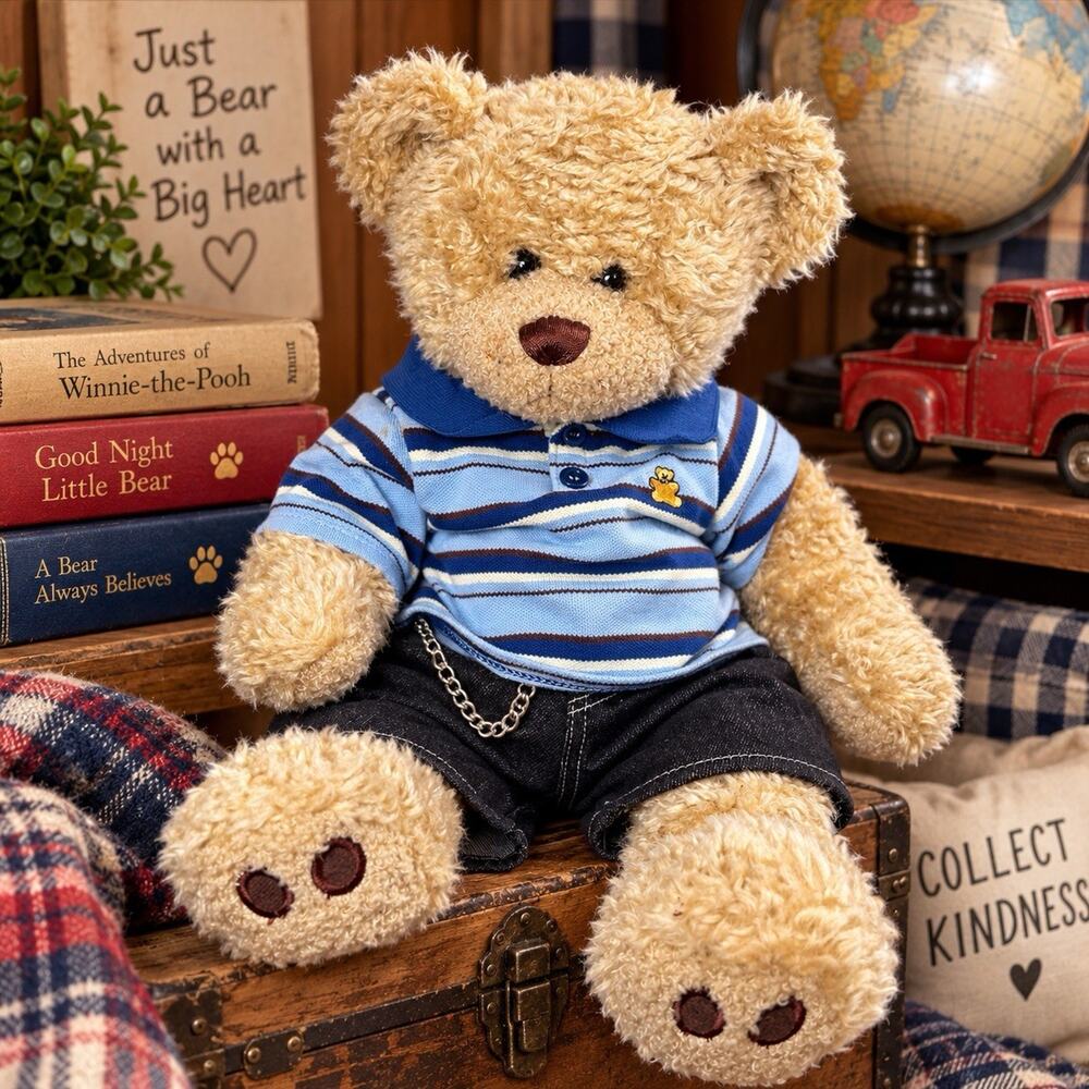 Vintage Build A Bear Teddy 16” Curly Tan Plush Striped Shirt Denim Outfit